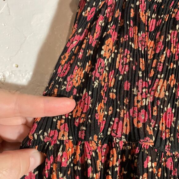 VTG Sag Harbor Maxi Skirt Black Red Orange Ditsy Floral Pleated Drawstring S - Picture 3 of 10